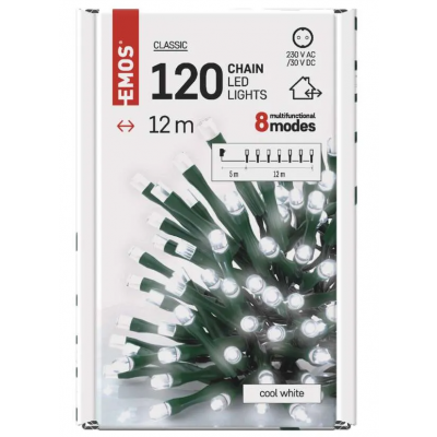 Lampki choinkowe 120 LED 12m zimna biel, zielony przewód, 8 programów, IP44 D4AC08 EMOS (D4AC08)